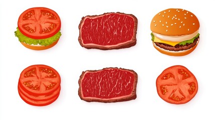 Cartoon Food Set Burger, Steak and Tomato Slices, Food illustration ,Cartoon artwork