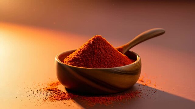 Bright Red Spice Powder Mounded in Wooden Bowl with Spoon and Scattered Grains Warm Lighting