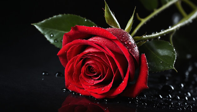 Macro photography of a single red rose with water droplets on black background, symbol of love and romance, dramatic lighting.