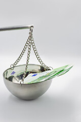 100 Euro banknotes on balance scale symbolizing financial justice concept.