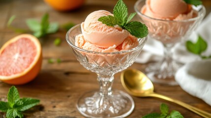 A refreshing grapefruit sorbet served in elegant glass dishes, garnished with fresh mint leaves, alongside a halved grapefruit on a wooden table