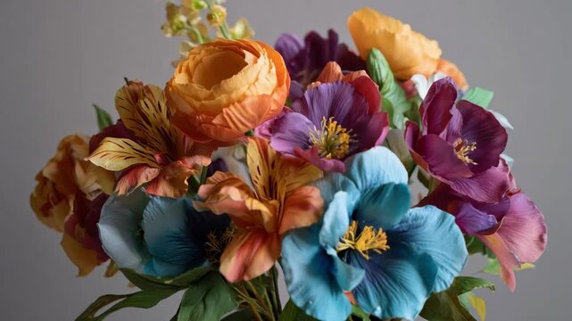 Medium shot of vibrant silk flowers arranged in an elegant bouquet showcasing lifelike texture and rich colors perfect for lasting home decor.