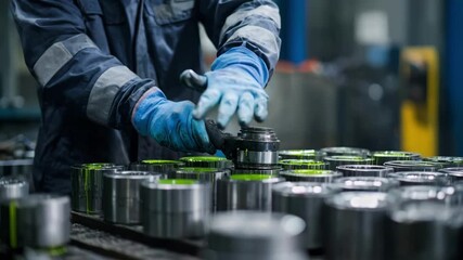Technician inspecting metal components coated with green lubricants demonstrating environmentally conscious maintenance in industrial settings.