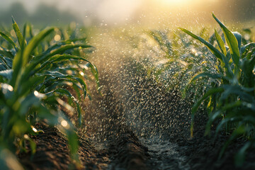 Irrigation system watering young corn plants at sunrise
