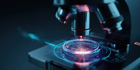 Futuristic Microscope with Digital Interface and Glowing Elements