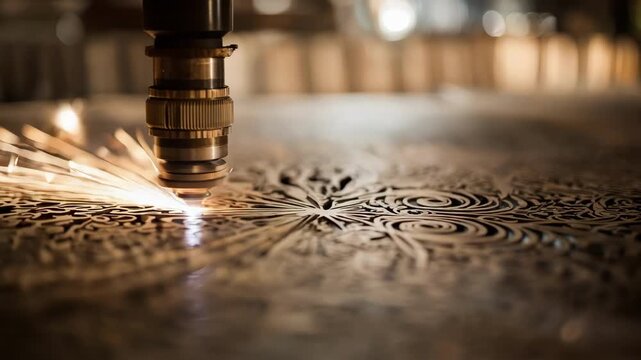 Precision laser cutting in action on layered materials producing symmetrical and repetitive decorative patterns with advanced technology.