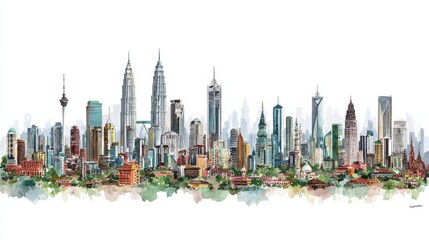 View of Kuala Lumpur Skyscrapers in Malaysia With a Bright White Background Showcasing the City Skyline