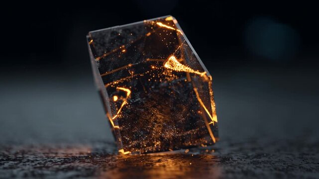 Unique glowing cube with sparks on dark surface creates mesmerizing visual effects