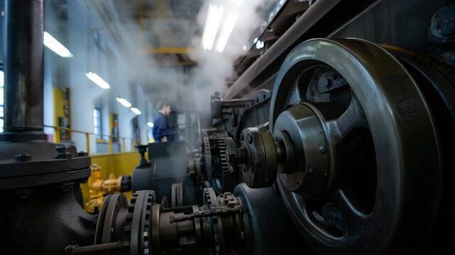 Ship engine room interior with steam machinery, flywheels, couplings, marine boiler, piping, valves, technician inspecting propulsion equipment, heavy maritime mechanical systems, propulsion