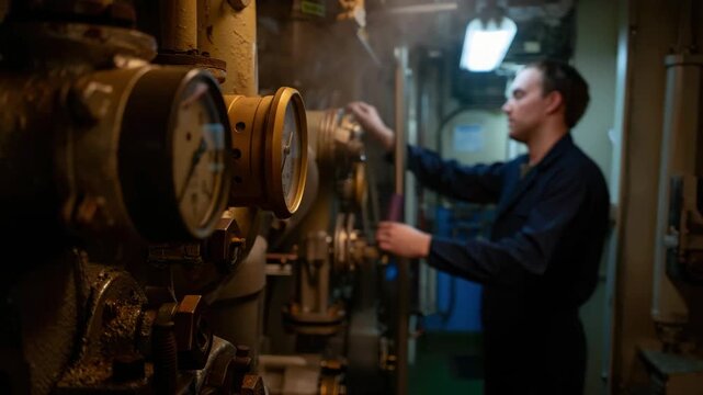 Man calibrating pressure gauge in industrial boiler room, technical engineer monitoring equipment, maintenance worker with machinery, industrial plant operations, engineering safety procedures