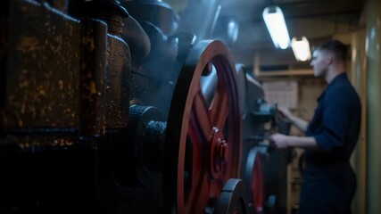 Heavy machinery with red flywheel in smoky workshop, engineer operating engine under dim fluorescent lighting, oily surfaces, mechanical maintenance process, manufacturing environment, gear