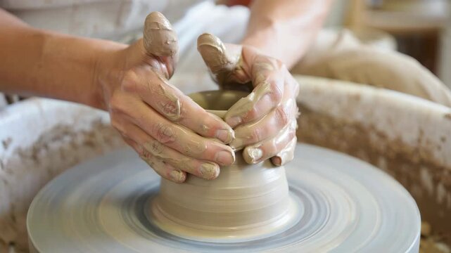 Hands shaping clay on a pottery wheel, ceramic vessel throwing process in a studio workshop, wheel-thrown pottery creation, wet clay forming by artisan hands, craft education demonstration