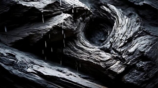 Dark cinematic rock texture with falling rain droplets and swirling stone patterns