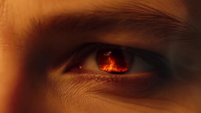 Extreme close up shot of a human eye reflecting intense fiery orange flames symbolizing power danger and deep emotion