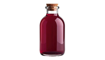 A small, clear glass bottle is filled with a vibrant red liquid, tightly sealed with a cork stopper. The background is solid black