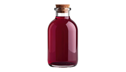 A small, clear glass bottle is filled with a vibrant red liquid, tightly sealed with a cork stopper. The background is solid black