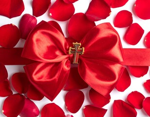 A vibrant composition featuring a large red satin bow with a small golden cross at its center, surrounded by scattered rose petals
