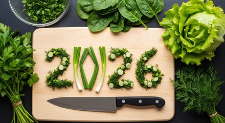 2026 arranged with green vegetables and herbs on a cutting board with surrounding greens and a knife.