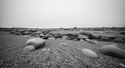 Vast Pebble and Stone Shoreline in Monochrome