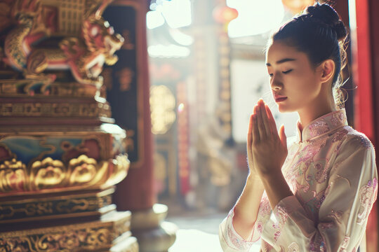 young woman in traditional clothing praying with hands clasped inside a richly decorated temple