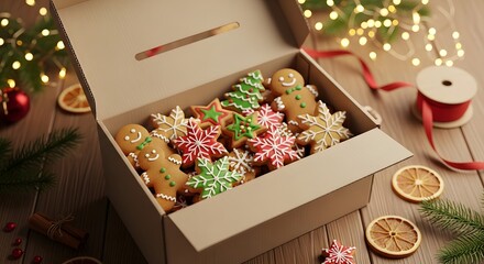 Assortment of decorated Christmas cookies in a donation box on a festive wooden table for Christmas volunteer programs concept and holiday giving