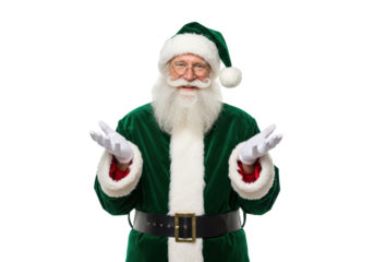 Elderly caucasian man (65-75) with white beard, spectacles, emerald green Santa suit, warm smile, hands open invitingly on transparent studio background. Festive holiday advertising concept