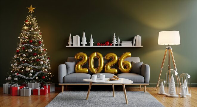 Festive living room with a Christmas tree and golden 2026 balloons on a sofa. - Powered by Adobe