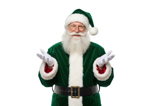 Elderly caucasian man (65-75) with white beard, spectacles, emerald green Santa suit, warm smile, hands open invitingly on transparent studio background. Festive holiday advertising concept
