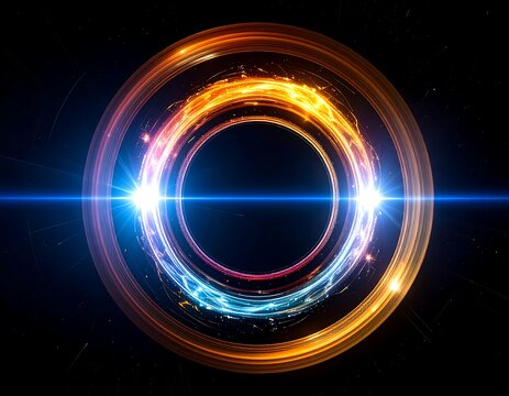 A vibrant, concentric circular design with fiery orange and cool blue light emanations, a central dark void, and a radiating beam