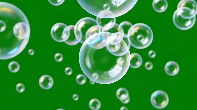 Animated Soap Bubbles Floating Up on Green Screen.