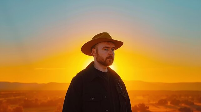 A man wearing a hat standing in front of a sunset