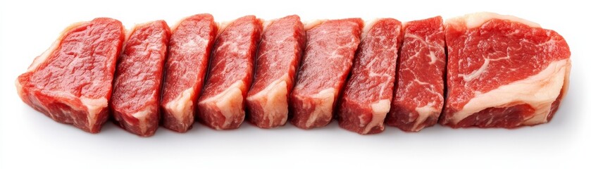 Raw beef cubes arranged in a row on white,Meat ,protein