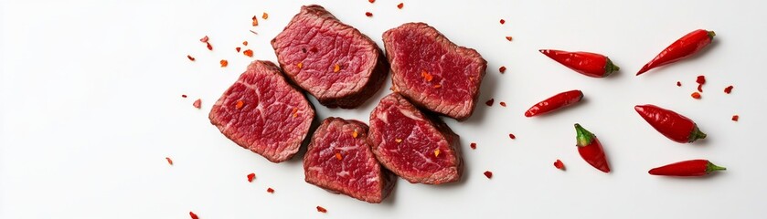 Obraz premium Raw Beef Cubes and Chili Peppers on White, Cooking , Food photography