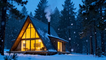 A-frame wooden cabin in pine forest during snowstorm with warm light at blue hour architectural view