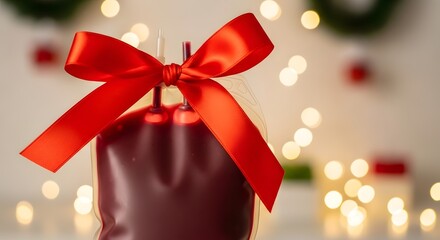 Blood donation bag tied with a red ribbon like a Christmas present against festive lights for life-saving gift concept and holiday volunteer programs