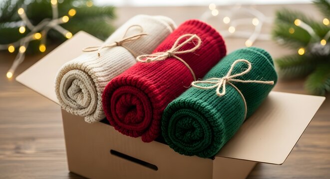 Festive red, white, and green warm knitted socks tied in a box with Christmas decor for a volunteer program concept and holiday donation drive