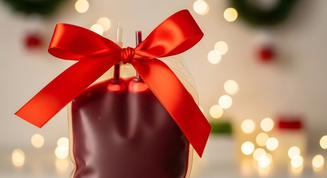 Blood donation bag tied with a red ribbon like a Christmas present against festive lights for life-saving gift concept and holiday volunteer programs - Powered by Adobe