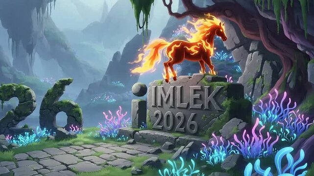 Fiery Horse Statue A Vision of Imlek 2026 in a Dreamy Landscape