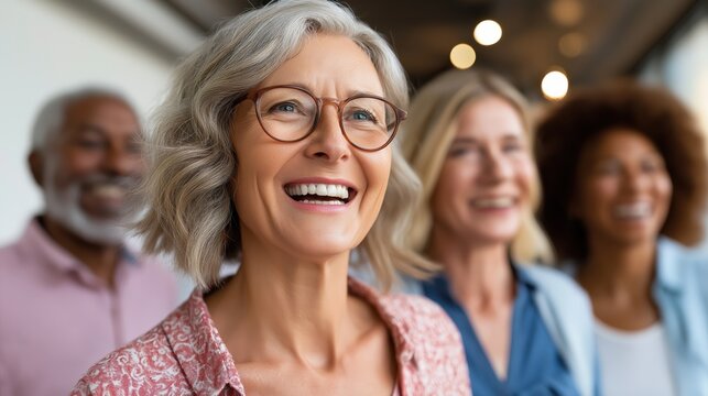 Mature men and women share laughter in a bright, welcoming space