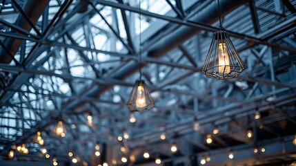 Interior view of a building with exposed metal beams and hanging light bulbs.