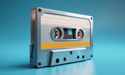 Obraz premium A classic cassette tape sits against a bright blue background for creative text