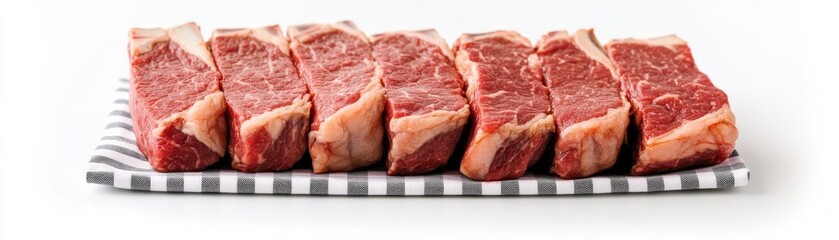 Fototapeta premium Raw Ribeye Steaks on Striped Towel Fresh Cut, Butcher , Beef