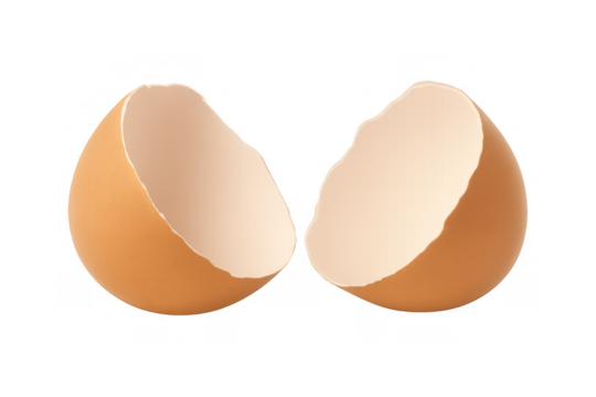 Brown eggshell halves broken and cracked, empty and fragile, displaying cooking preparation against a transparent background
