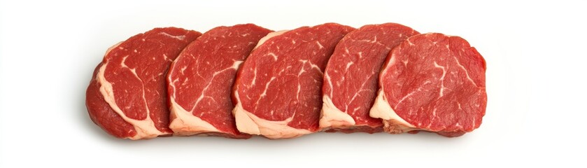 Fototapeta premium Row of Fresh Raw Beef Steaks on White, Butcher , Meat Cuts