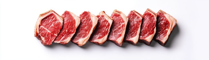 Fototapeta premium Row of Raw Beef Short Ribs on White, protein ,beef