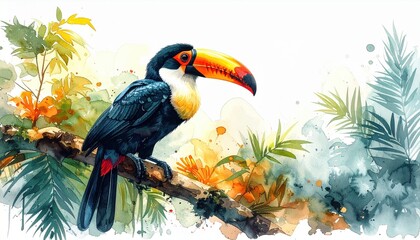 Naklejka premium Colorful toucan on jungle branch in expressive watercolor style symbolizing rainforest conservation, tropical travel dream and creative summer art mood