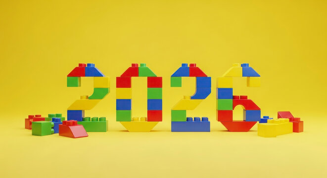 Colorful building blocks forming the year 2026 on a vibrant yellow background