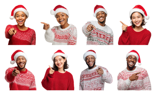 PNG Festive group wearing Santa hats, element set on transparent background