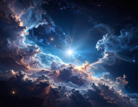 A vibrant cosmic display showing an explosion of color, with a bright starburst shining through swirling nebulae and distant stardust