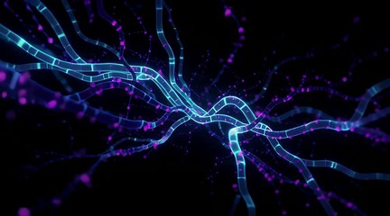Abstract futuristic glowing blue neon lines and purple particles flowing in dark space resembling neural network or fiber optics data stream - Powered by Adobe